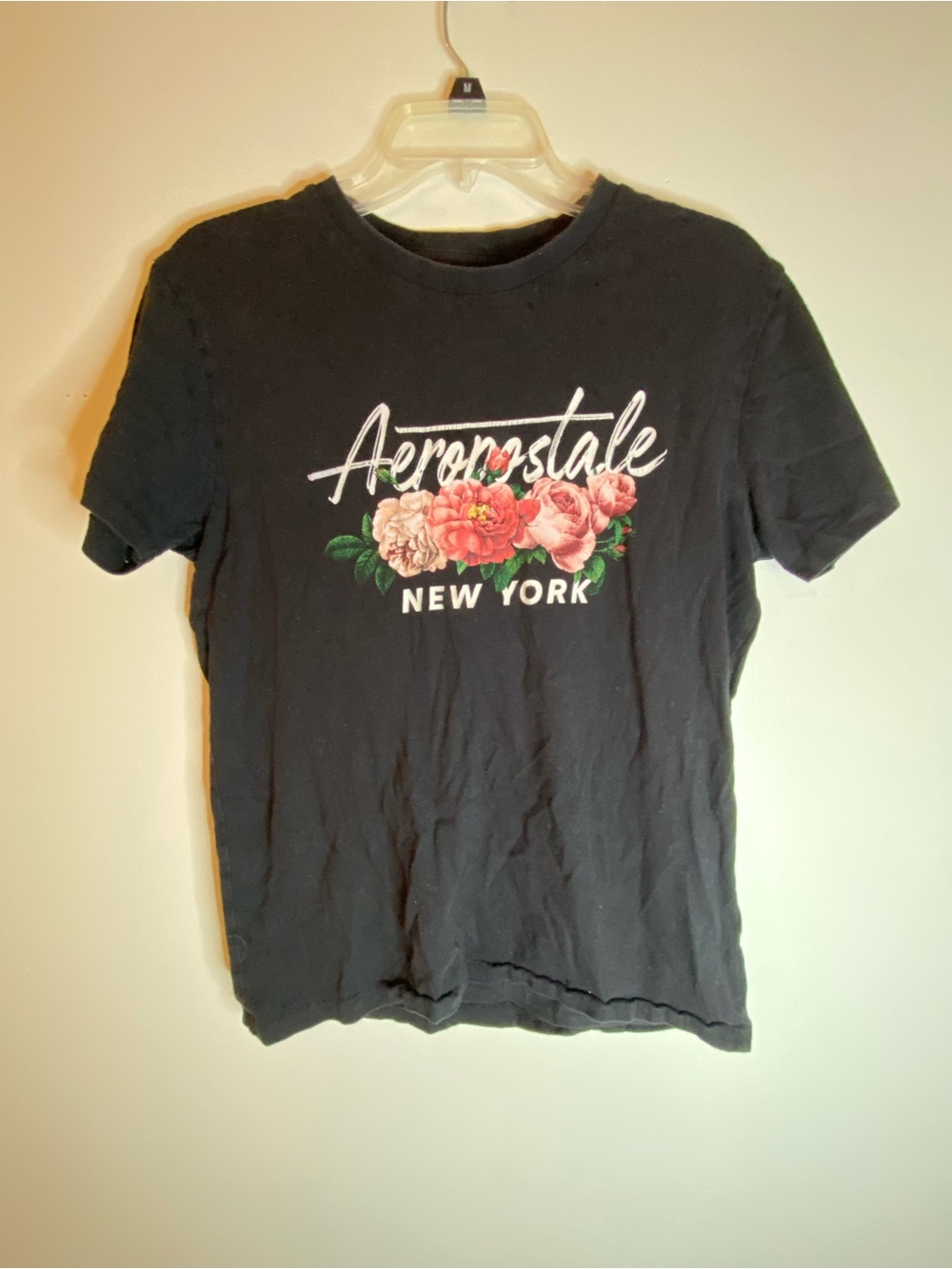 Aeropostale Black Tee with Pink & Red Floral Logo